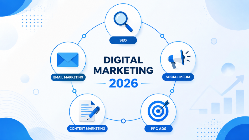 digital marketing guide 2026 infographic showing SEO, social media, PPC and email channels
